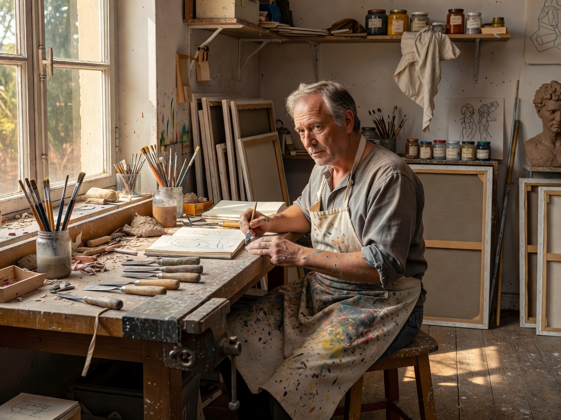 An artist seated beside a workbench, with tools and a window visible in the surrounding workshop