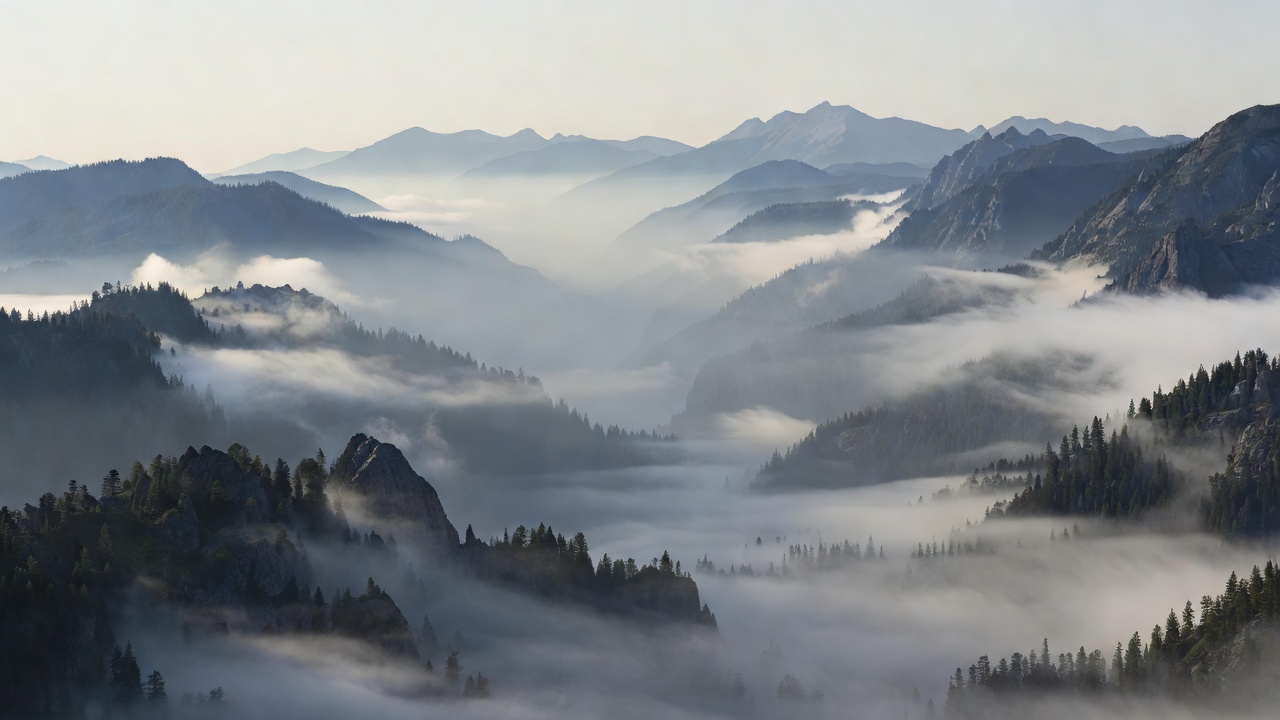 Successive dark mountain ridges becoming paler as they recede into a misty valley