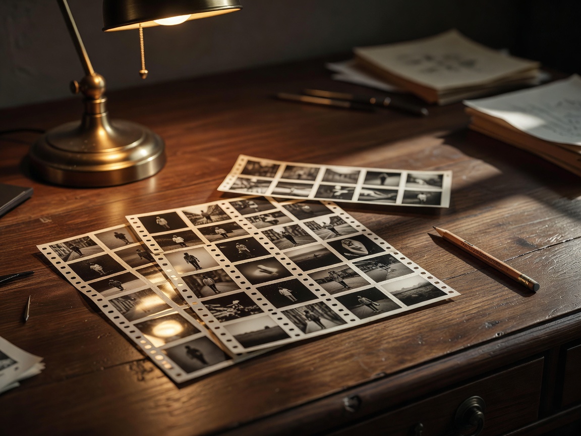 Photographic contact sheets and a pencil arranged on a warmly lit editing desk