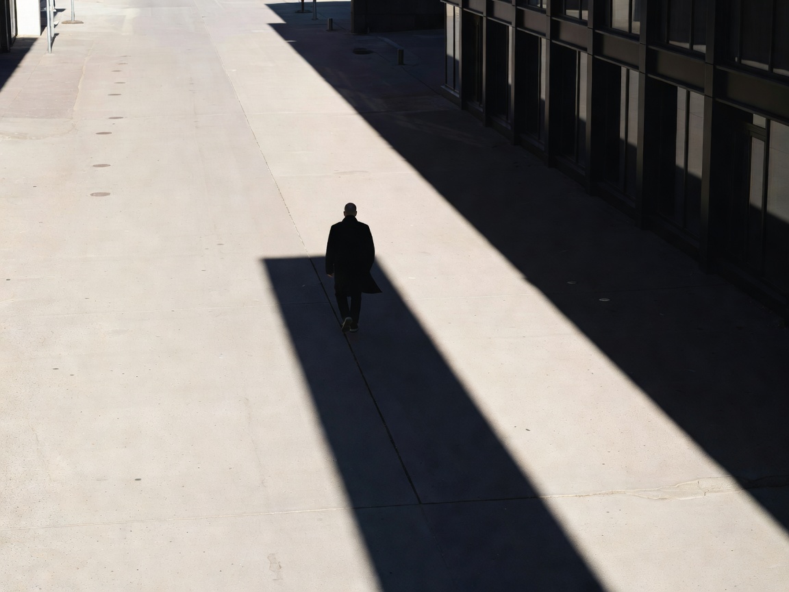 A walker isolated between a pale street surface and a diagonal dark building shadow