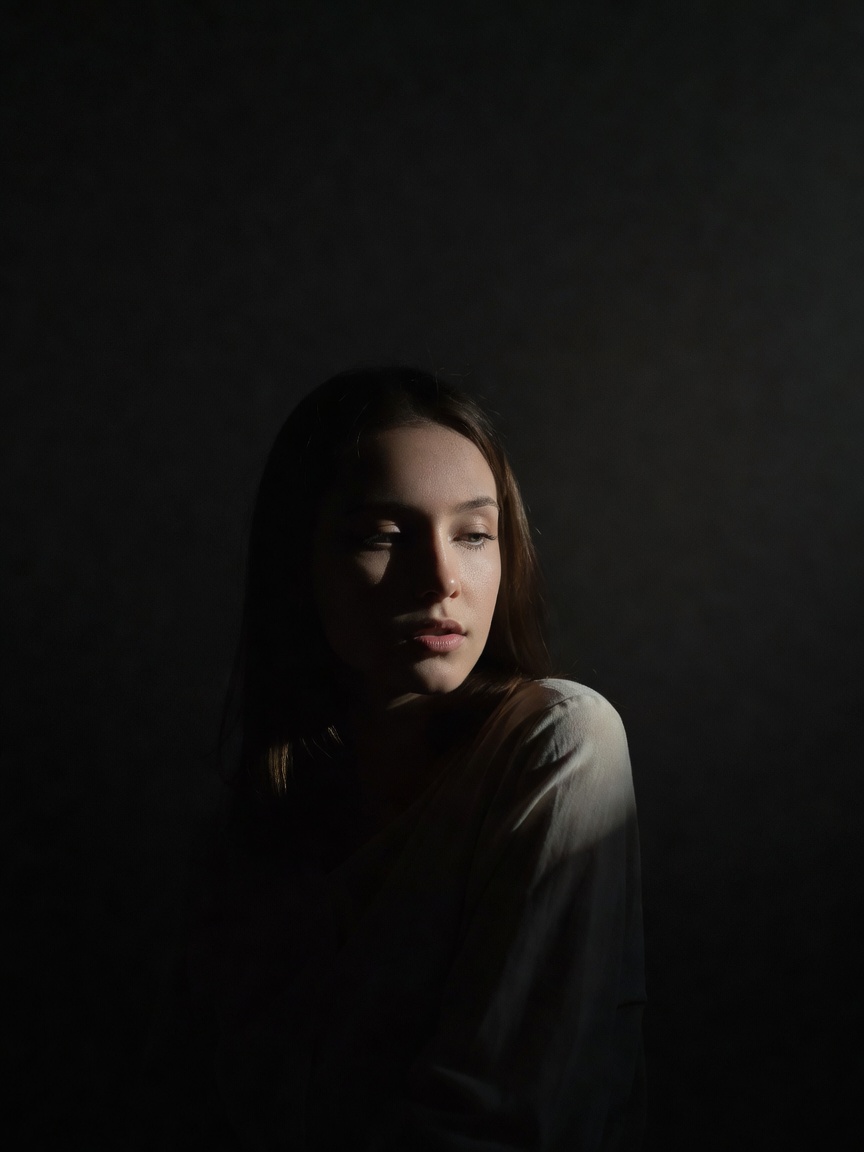 Loose portrait crop showing the face, shoulder and surrounding dark space