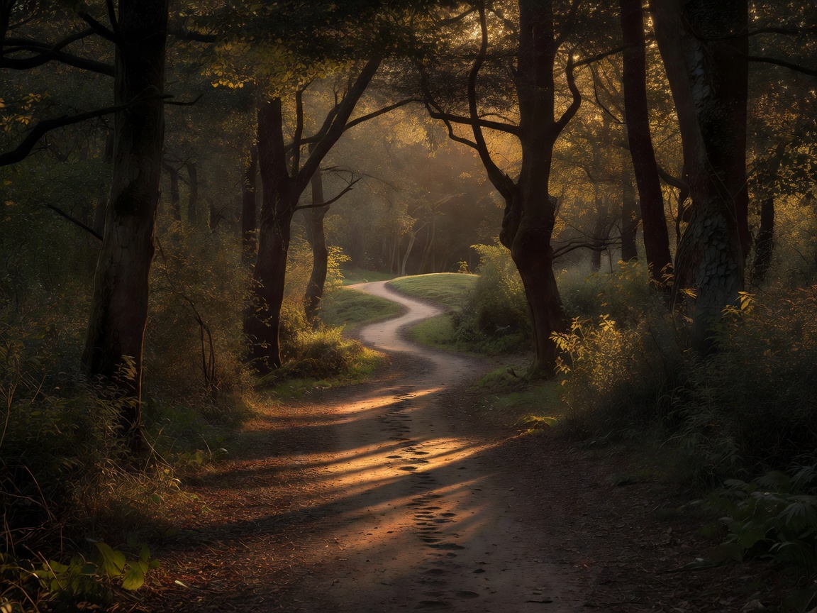 A woodland path treated with warm highlights, subdued greens and pronounced dark tree trunks